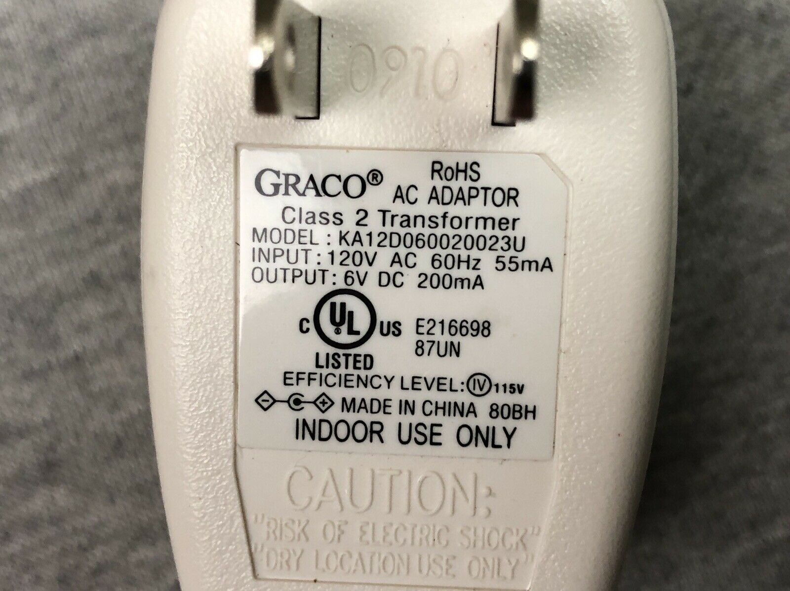 Graco KA12D060020023U AC Adapter Output DC 6V 55mA Brand: Graco Type: AC/DC Adapter UPC: Does not apply Output: DC